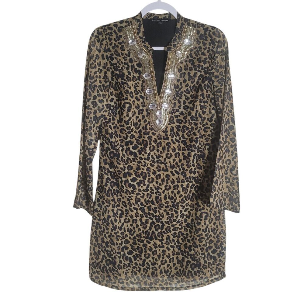 Boston Proper‎ Leopard Beaded Sheer Lined Tunic Blouse Women's Size XS Boho READ